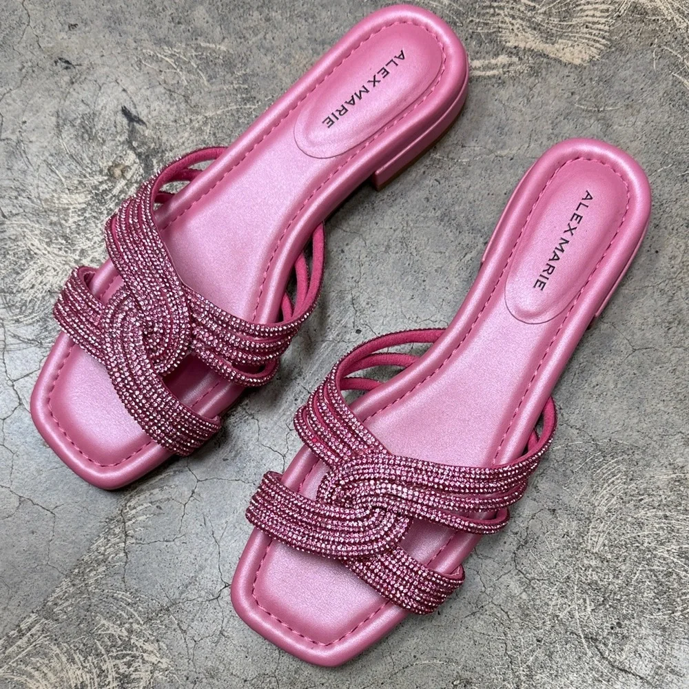 * Alex Marie Freesia Twist Rhinestone Square Toe Flat Sandals
